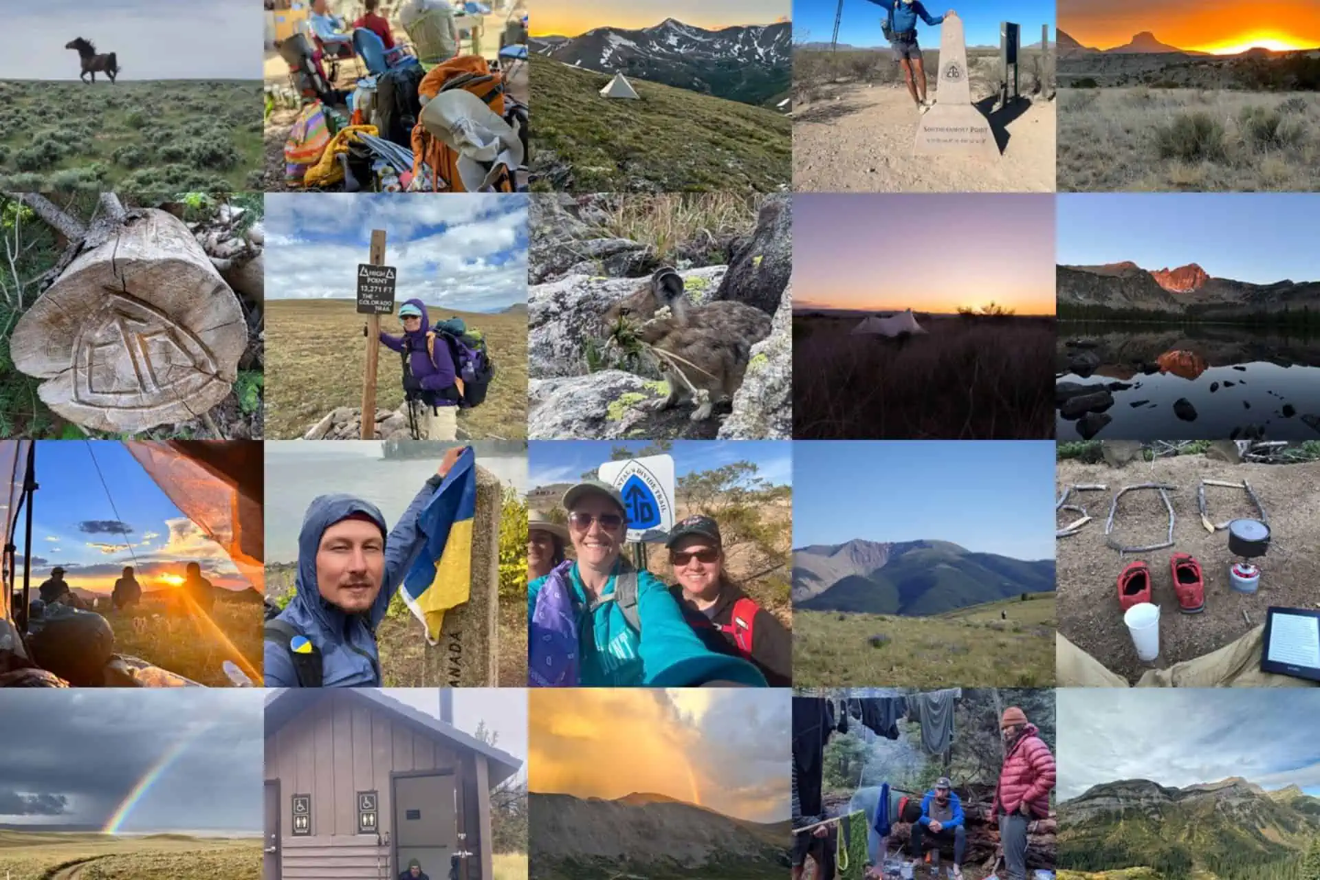 Collage of outdoor and hiking images from the CDT Survey 2023, featuring landscapes, a hiker at a trail sign, sunset views, camping gear, wildlife encounters, group selfies beneath a rainbow, and stunning mountain scenery.