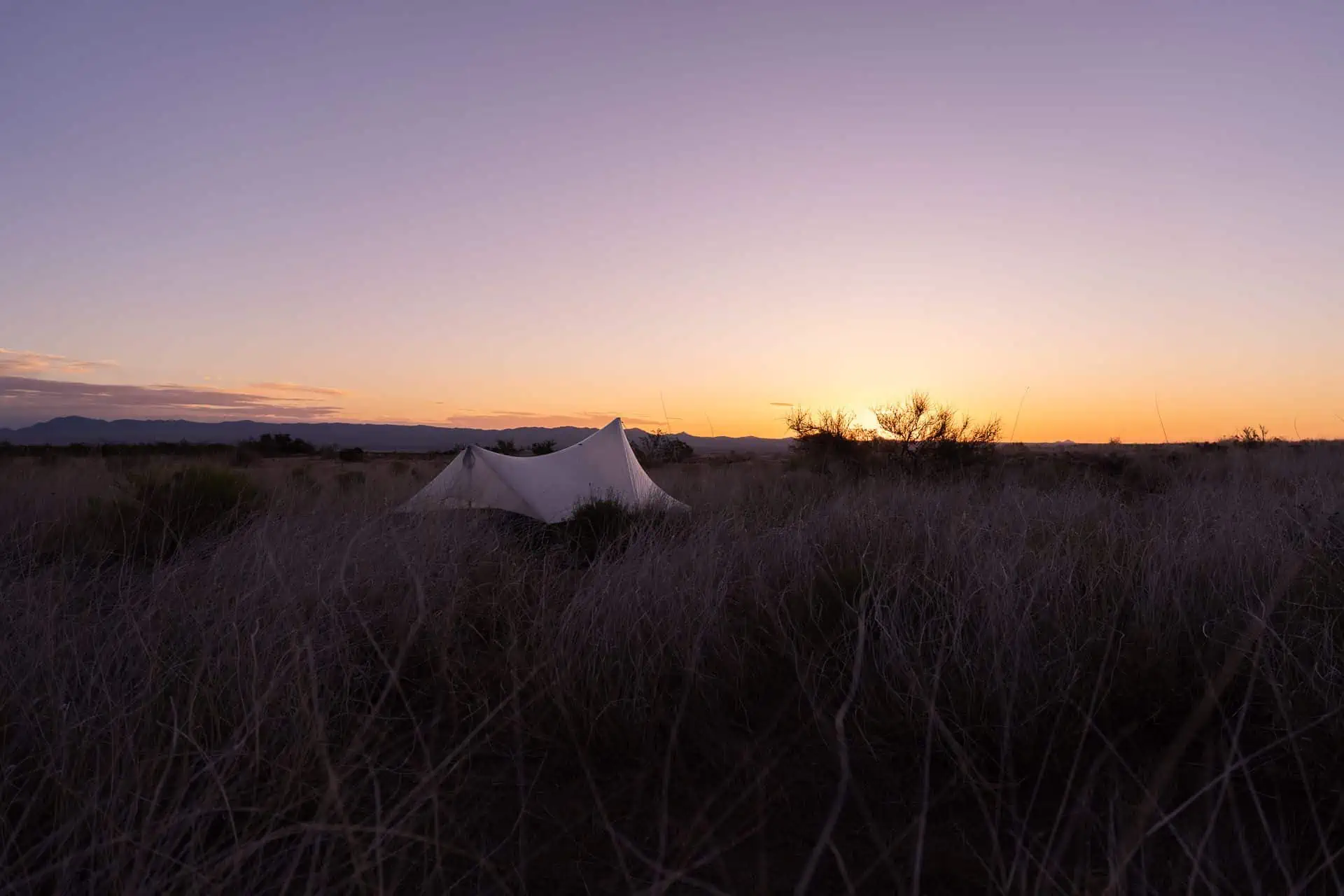 A white tent is pitched in a grassy field at dusk, where the sky fades from purple to orange over the distant mountains—an oasis of calm amidst tales of trials and triumphs on the 2023 Continental Divide Trail.