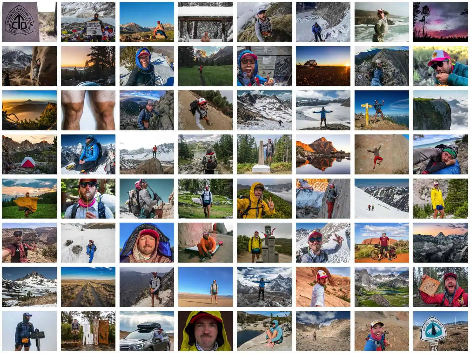 Grid of various outdoor adventure photos featuring a person hiking, climbing, and camping in diverse landscapes like mountains, forests, and snowy terrains. Includes moments of rest, gear preparation, and scenic views during different times of day.