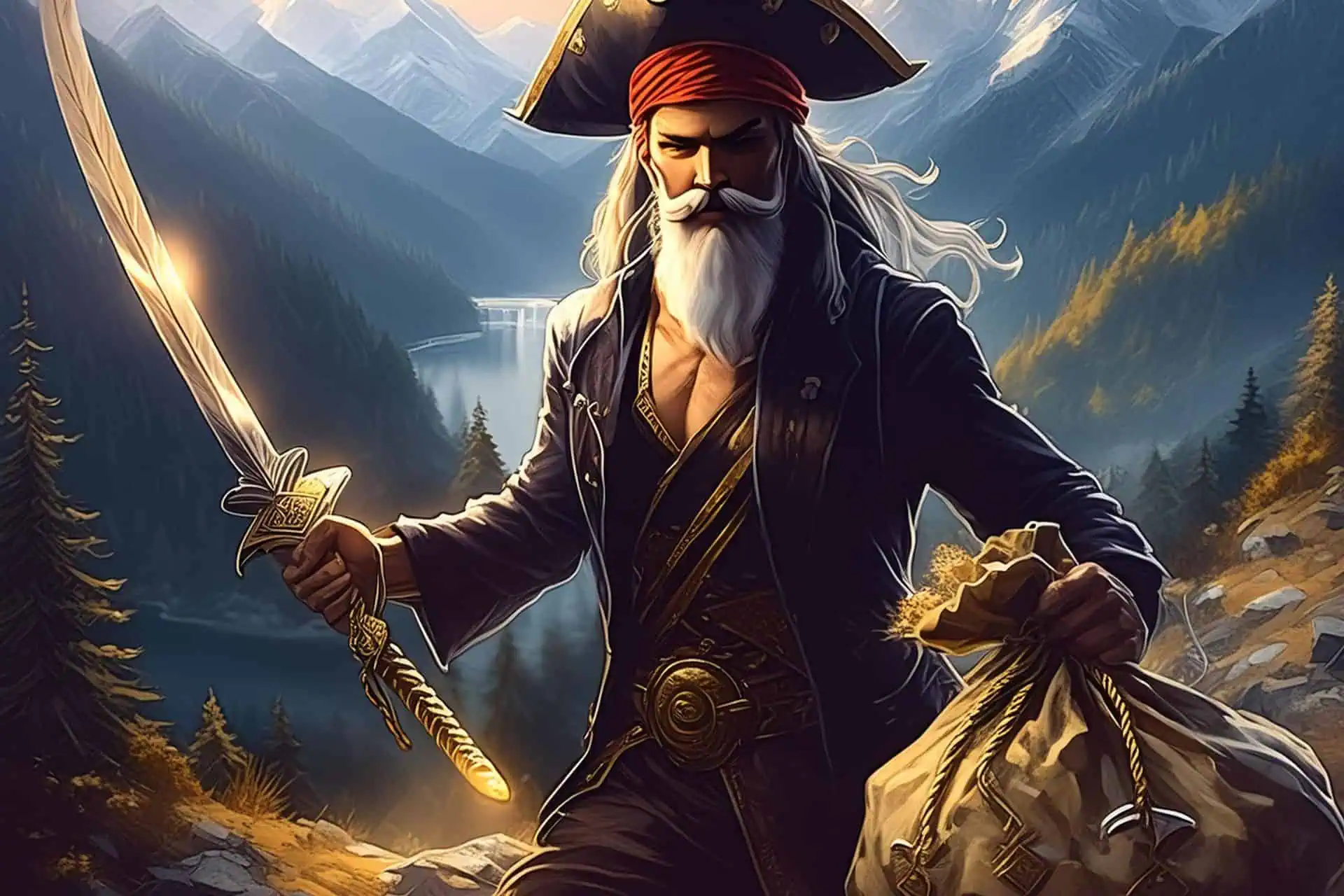 Illustration of a trail-hardened pirate with a long white beard, donning a tricorn hat and wielding a sword and sack. He stands on a rocky cliff with a mountainous landscape and river in the background, under a dramatic, cloudy sky.