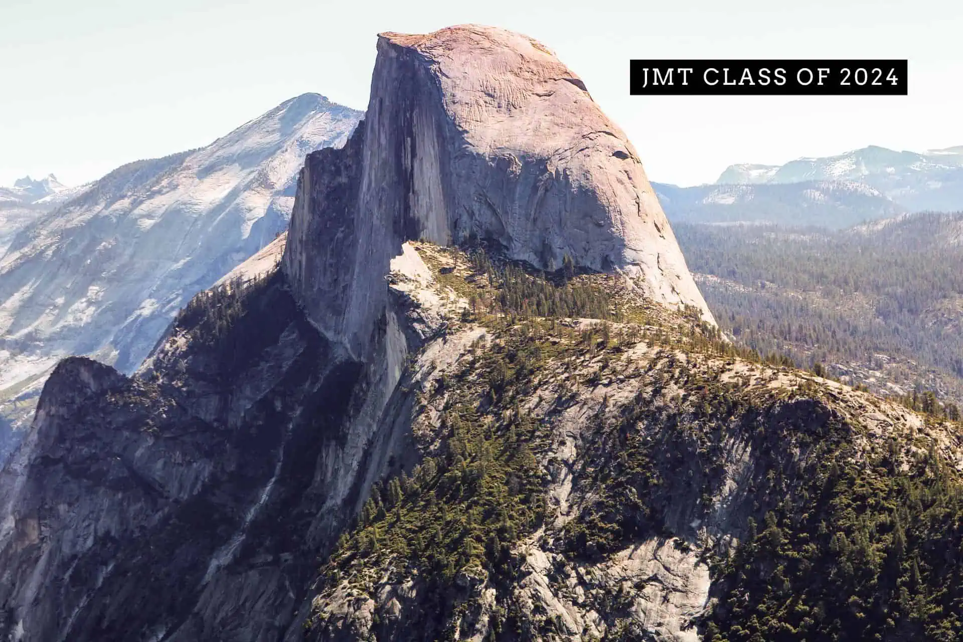 A rugged mountain landscape with a prominent, steep rock formation under a clear sky captures the essence of adventure. The text JMT Class of 2024 appears in the upper right, celebrating those partaking in the JMT hiker survey.