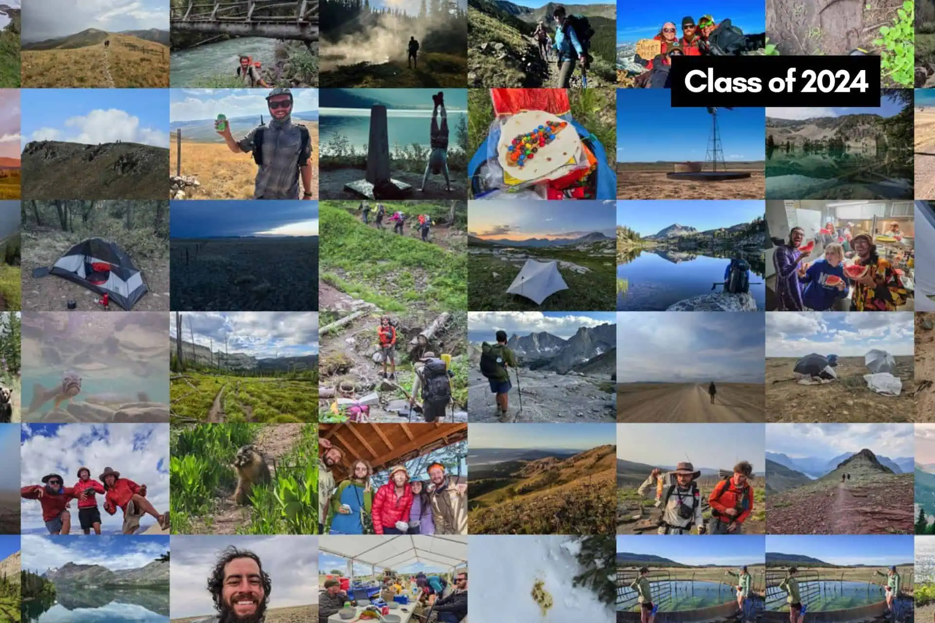 Collage of outdoor adventure photos featuring people hiking, camping, and exploring nature. Includes landscapes, tents, and group selfies from the CDT Survey 2024. An overlay reads Class of 2024 in the top right corner.
