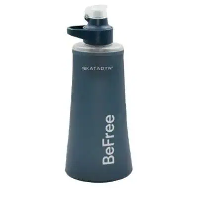 A blue water filter bottle featuring a white BeFree label and black cap, perfect for your CDT Gear Guide 2024 adventures. The brand Katadyn is elegantly printed above the label, and it includes a built-in spout for convenient hydration on the go.