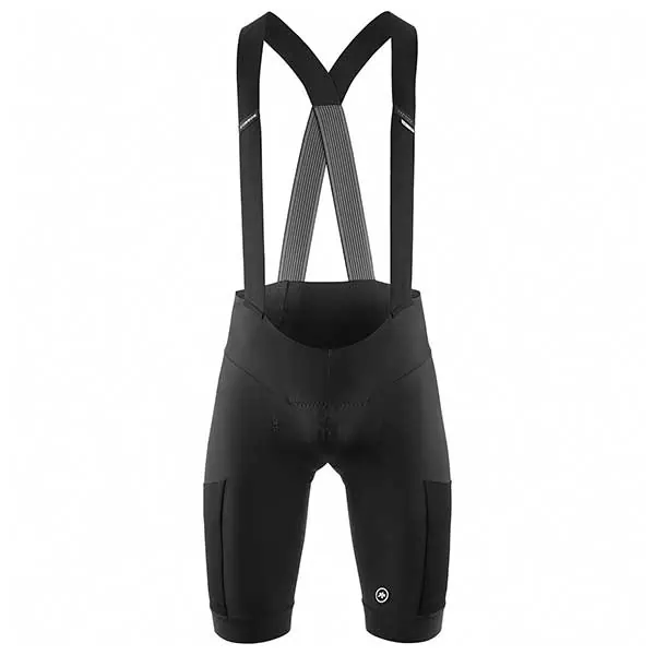Black cycling bib shorts with shoulder straps, pockets on each leg, and a fitted design—an ideal choice for those seeking tour divide favorite gear, displayed on a white background.