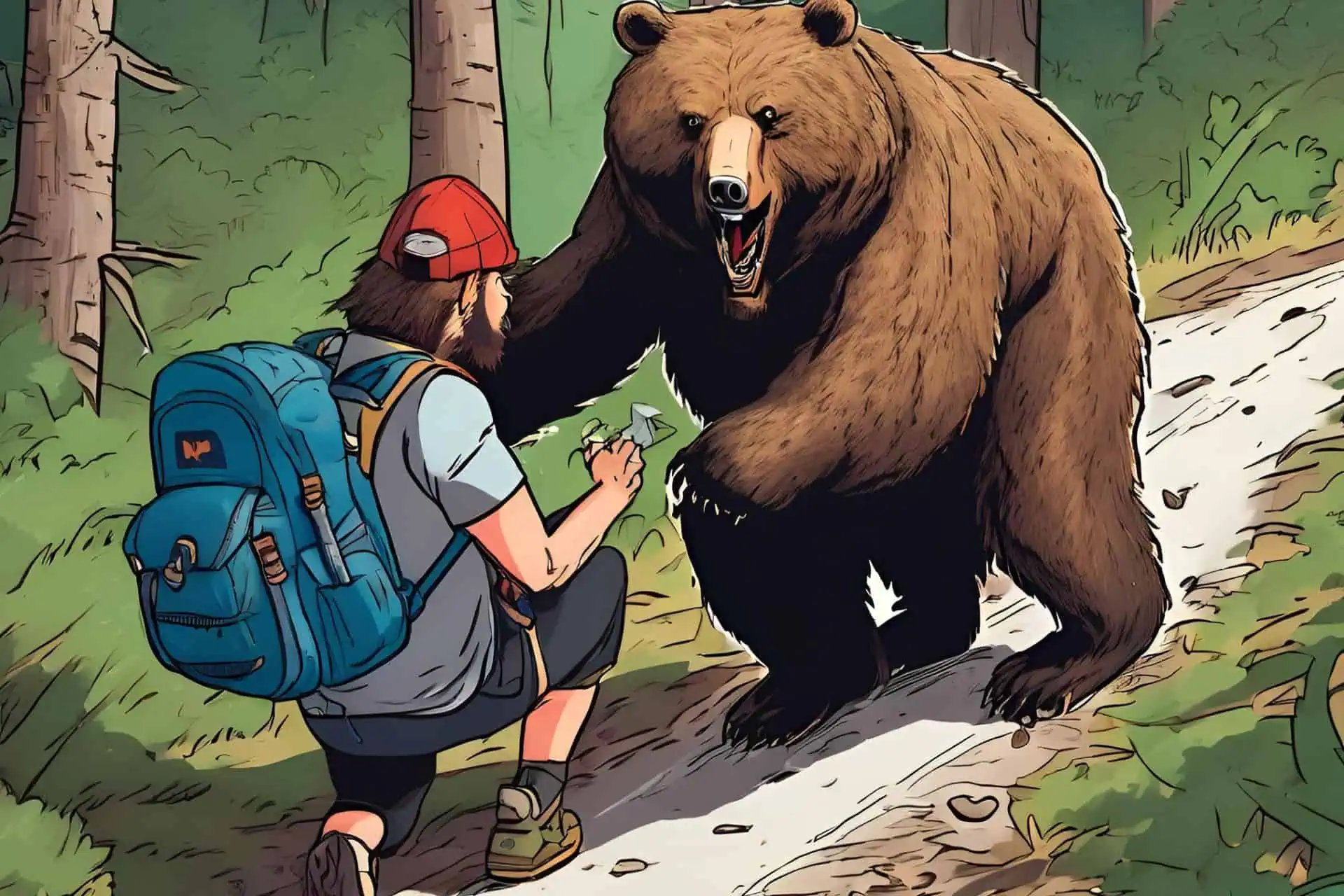 An illustration of a hiker in a forest captures a friendly, smiling bear playfully waving a paw. The hiker, donning a red cap and blue backpack, kneels to snap the picture. Trees and greenery encircle them, evoking an enchanting scene from an unexpected twist in CDT Horror Stories 2024.