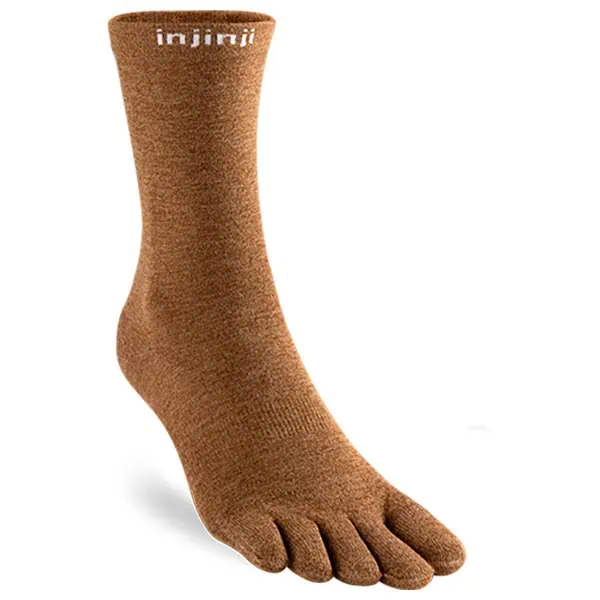 Brown toe sock with Injinji text at the top, featuring individual compartments for each toe—perfectly aligned with the recommendations of the JMT Gear Guide 2024.