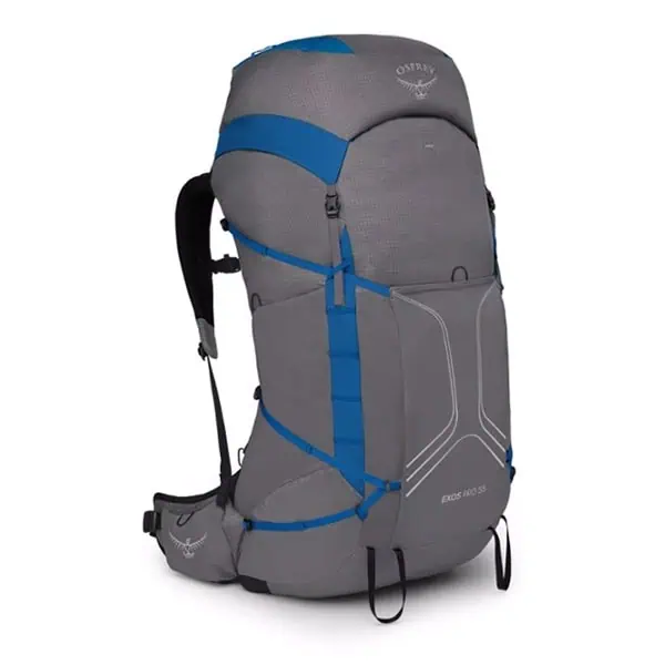 A gray and blue hiking backpack with multiple compartments and adjustable straps, perfect for your next adventure. Featured in the JMT Gear Guide 2024, it boasts a sleek design with EXOS Pro 55 labeled near the bottom.