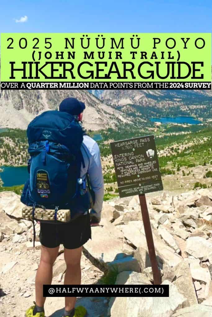 A hiker stands in front of a sign at Kearsarge Pass, overlooking a mountainous landscape. Sporting a backpack, shorts, and hat, text overlay reads 2025 Nüümü Poyo (John Muir Trail) Hiker Gear Guide, enriched with 2024 JMT gear guide insights and additional survey data.