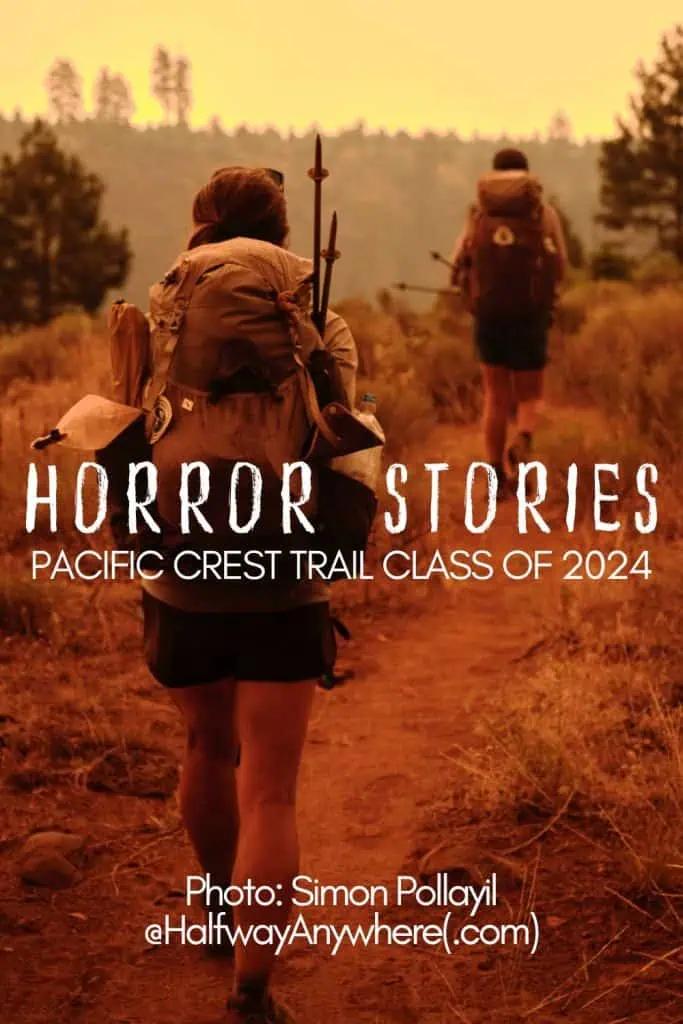 Two hikers with backpacks walk along a forest trail under an orange sky. Text reads: PCT Horror Stories: Class of 2024. Photo credit to Simon Pollayil via HalfwayAnywhere.com.