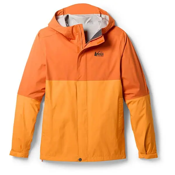 A two-toned orange jacket inspired by the JMT Gear Guide 2024. The top half features a darker shade of orange, transitioning to a lighter hue on the bottom. With long sleeves, a hood, and a zipper, it proudly displays the REI Co-op logo on the chest.
