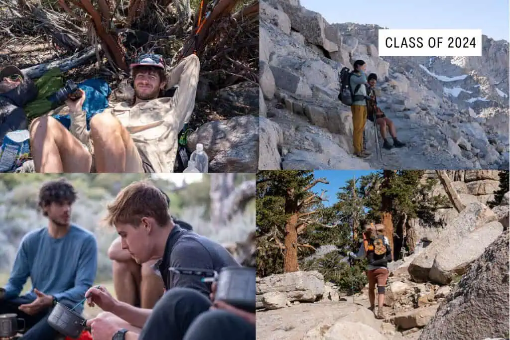 Collage of four images: Top left shows a hiker resting on rocks during low moments, top right features two hikers with Class of 2024 gear, bottom left has a group eating outdoors, and bottom right captures a man with a camera embracing the rugged pct 2023 landscape.