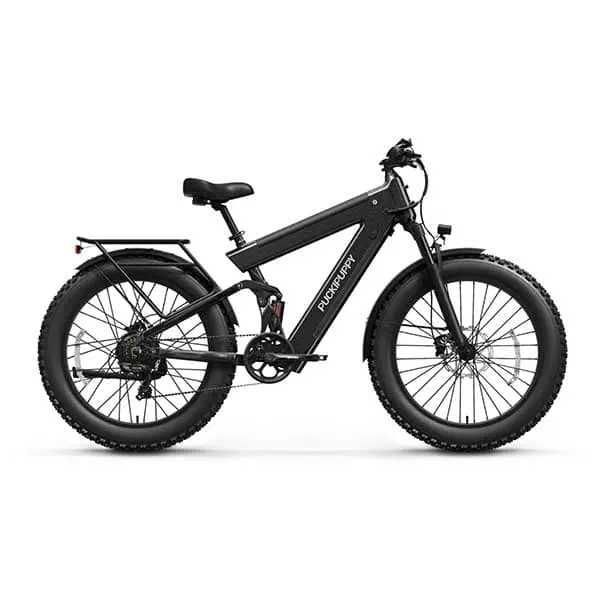 The Heybike Tyson is a black electric fat tire bicycle featuring a sturdy frame, front suspension, disc brakes, and a rear rack. Its robust design makes it perfect for tackling various terrains with confidence.