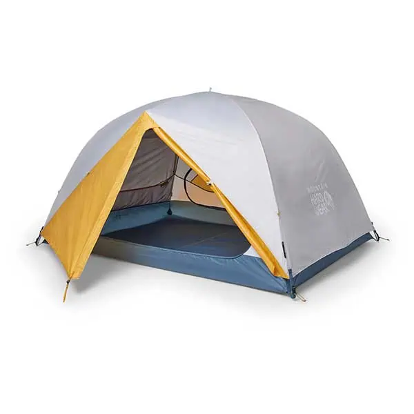 A dome-shaped camping tent with a grey and yellow rainfly, a partially open entrance, and a blue floor, set up on a plain white background—ideal as the best couples sleeping setup for river rafting adventures.