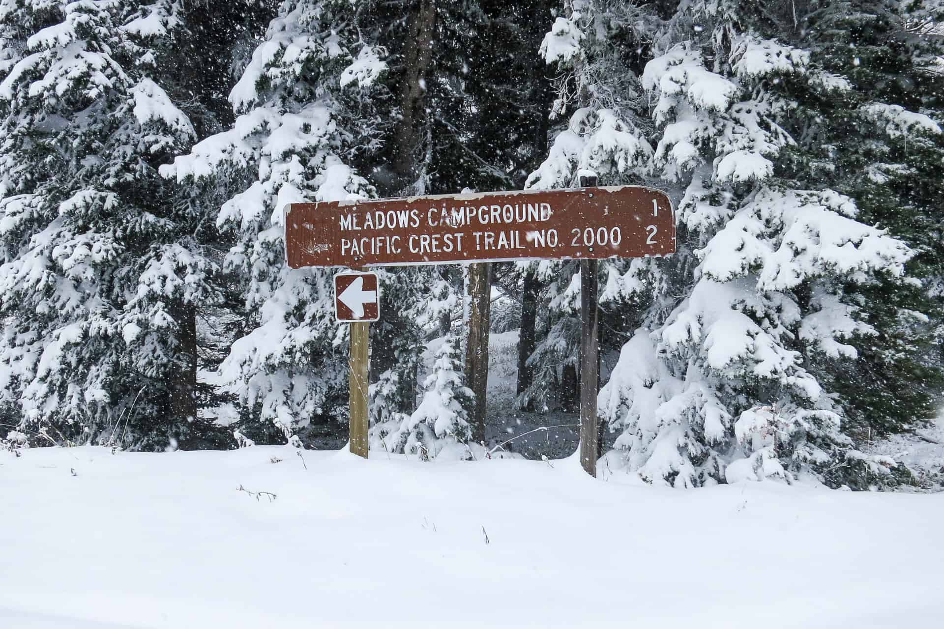 A brown wooden sign in a snowy forest points left to Meadows Campground (1 mile) and Pacific Crest Trail No. 2000 (2 miles), capturing one of the 2024 best PCT moments in this wintry, snow-covered landscape.