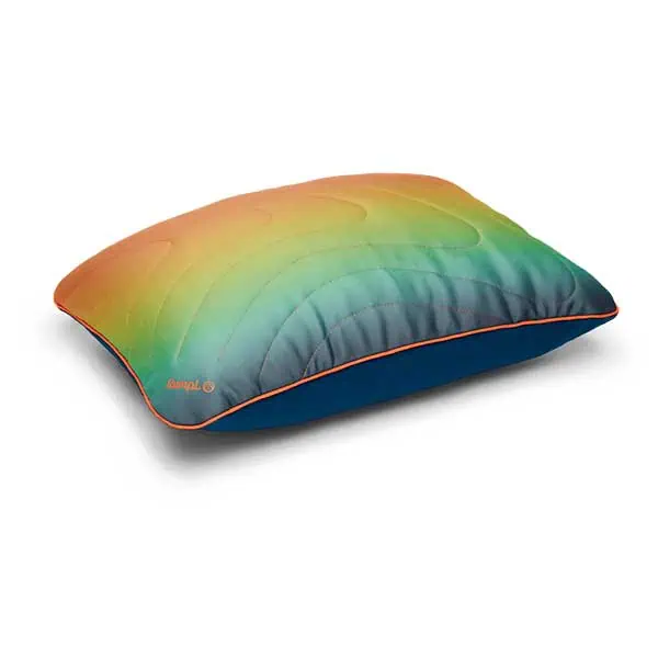A rectangular pillow with a gradient pattern in orange, yellow, and green shades on top, blue sides, and orange piping along the edges—perfect for creating the best couples sleeping setup for river rafting.