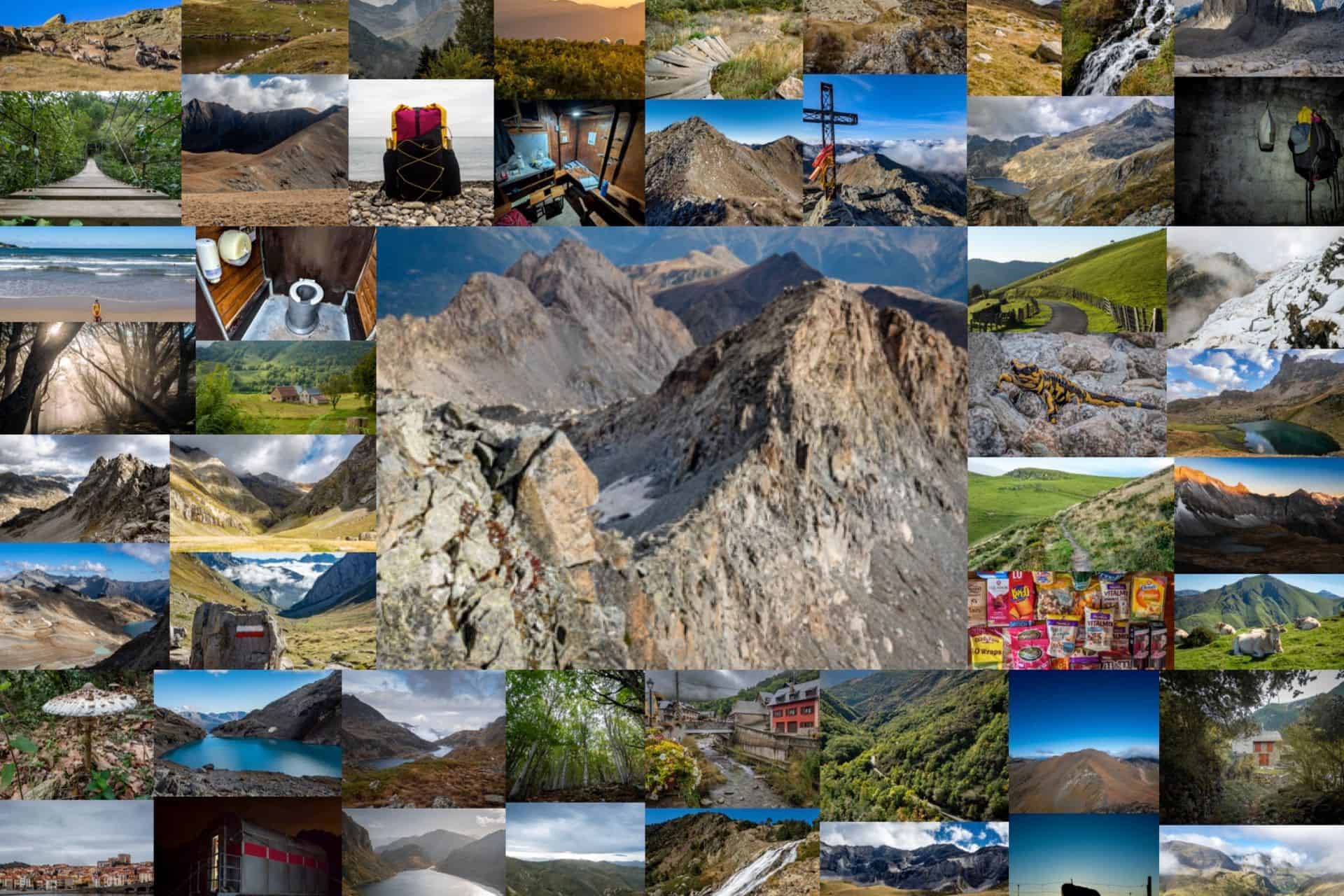 A photo gallery collage of landscape and travel shots—mountains, lakes, forests, cabins, beaches, scenic trails, and gear—with a striking Pyrenees High Route (HRP) mountain peak prominently featured in the center.