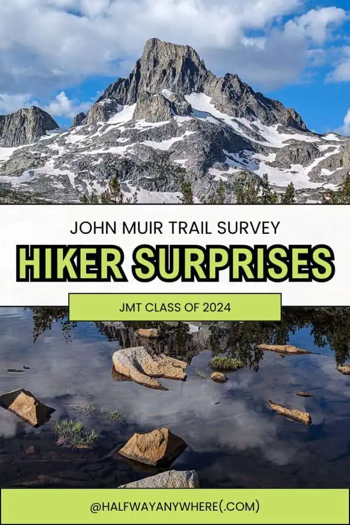 A rugged mountain peak rises above a forest and a reflective alpine lake. Text reads: John Muir Trail Survey: JMT Most Surprising 2024, Hiker Surprises, JMT Class of 2024 and @halfwayanywhere.com.